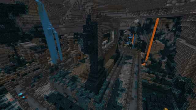 A Minecraft Ancient City with lava and water falling from the ceiling