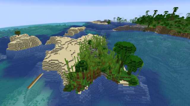 A Bamboo Jungle and Beach island with a Jungle Temple and a shipwreck in Minecraft