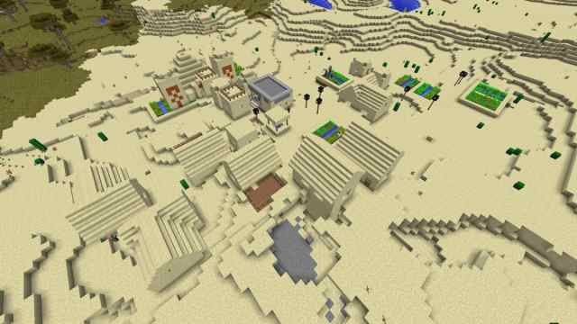 A Minecraft Desert Village with a Desert Temple inside of its farms