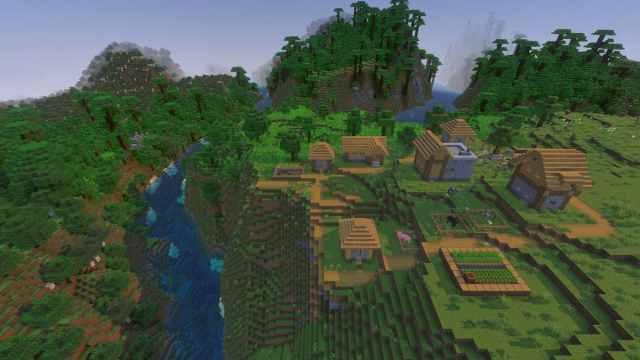 A Blacksmith Village next to a Jungle with a Jungle Temple in Minecraft