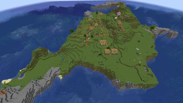 A Minecraft island with a Plains Village and one singular cherry tree