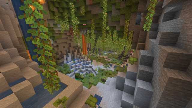 Zombies and axolotls in a Minecraft Lush Cave biome