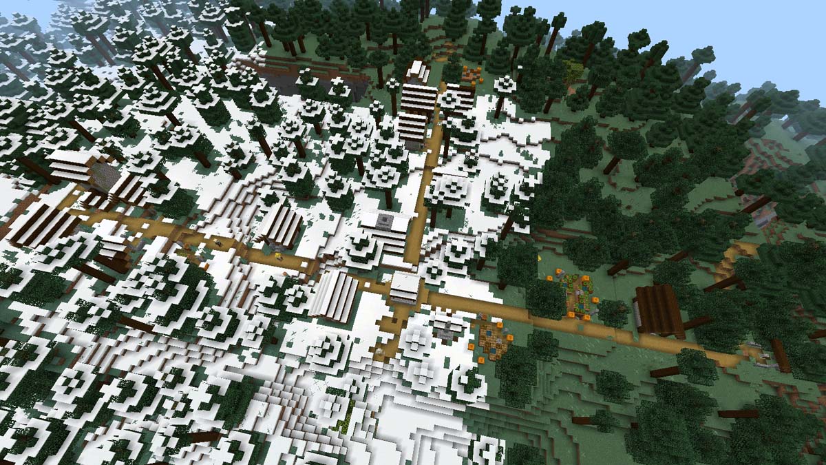 Mehrere Waffenschmieden und ein verschneites Taiga-Dorf in Minecraft