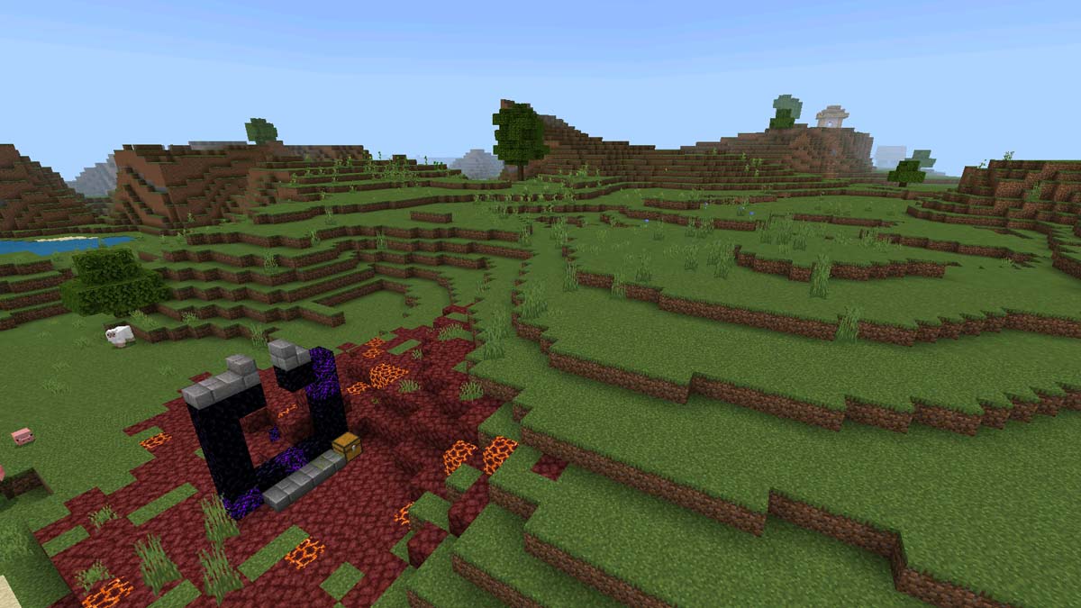 Freigelegtes zerstörtes Portal und Dorf in Minecraft