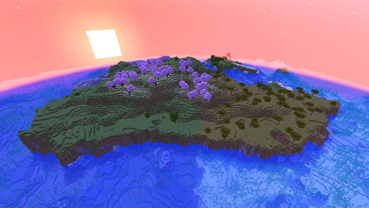 Minecraft island with cherry blossom tress in the sunset