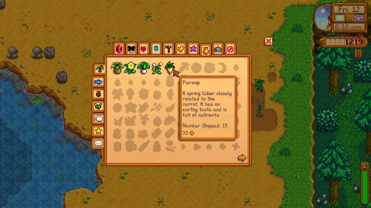 Collections tab showing number of crops shipped. 