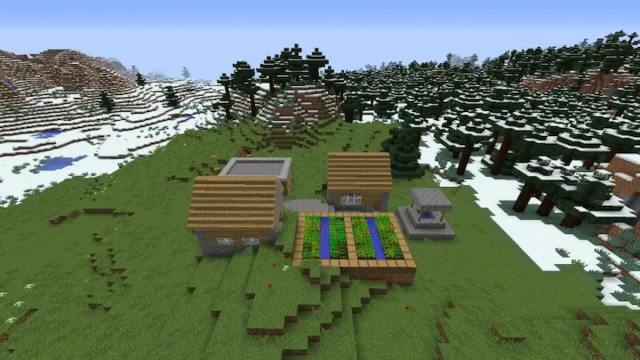 A high view of some small houses near a surrounding Taiga biome.