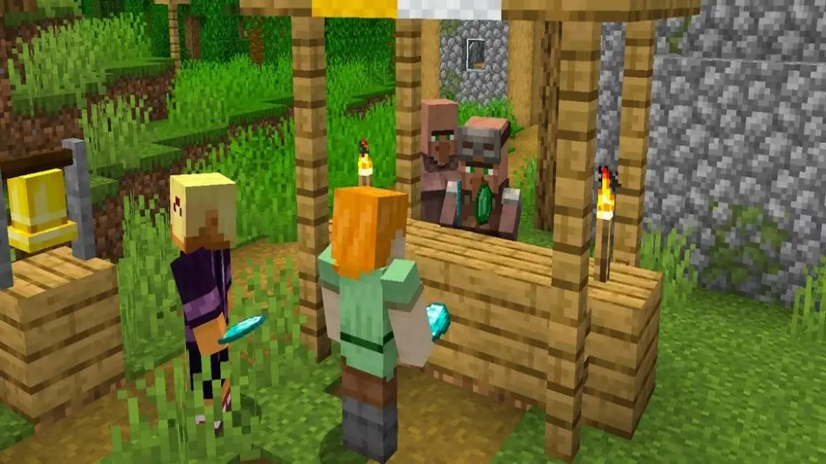 Dwóch graczy Minecrafta handluje z lokalnymi mieszkańcami.