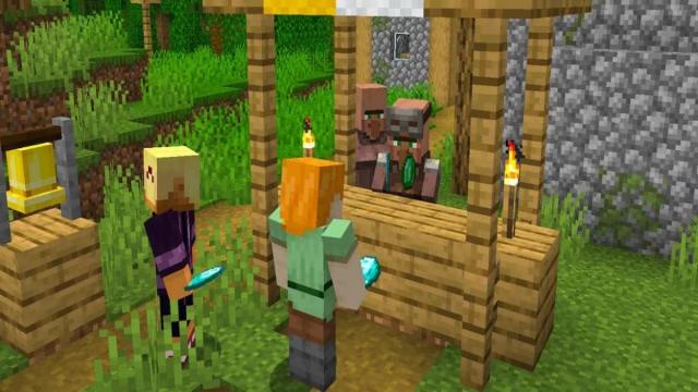 Two Minecraft players trade with local villagers.