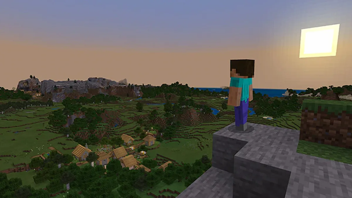 Minecraft character Steve overlooking a village.