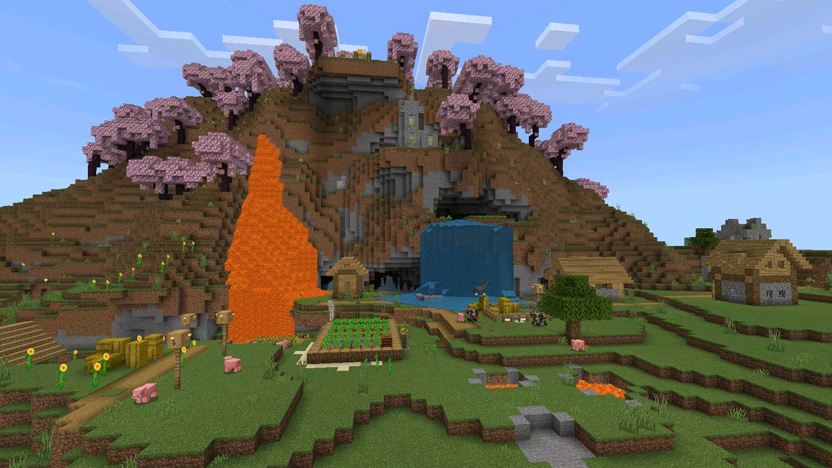 Lavafall and waterfall in the village in Minecraft