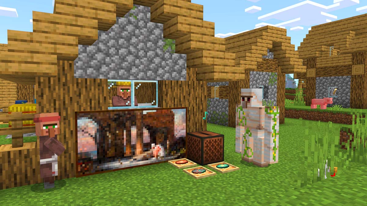 Villagers and iron golem stand at the hut in Minecraft