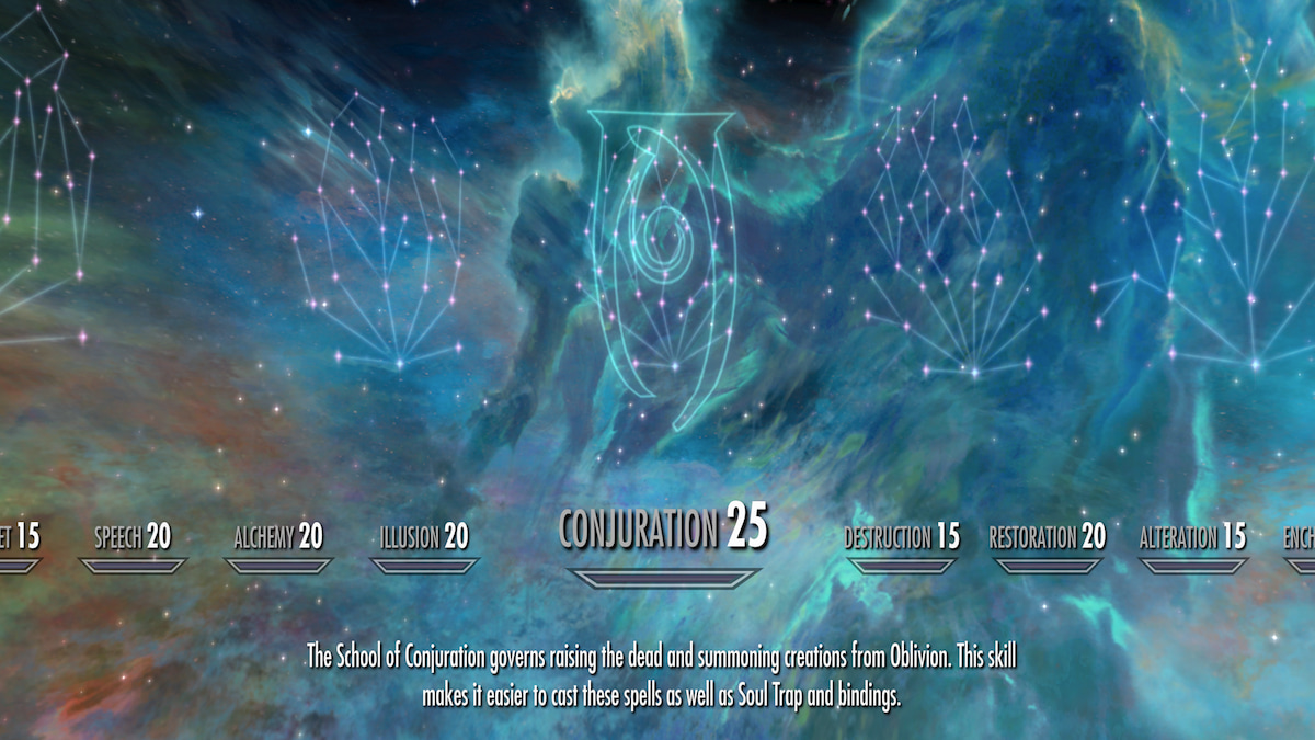 Skill menu centered on Conjuration skill tree constellation of stars