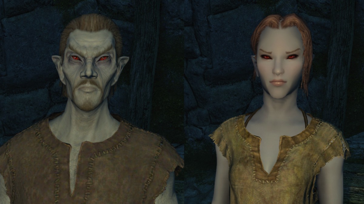 One male Dunmer and one female Dunmer side by side