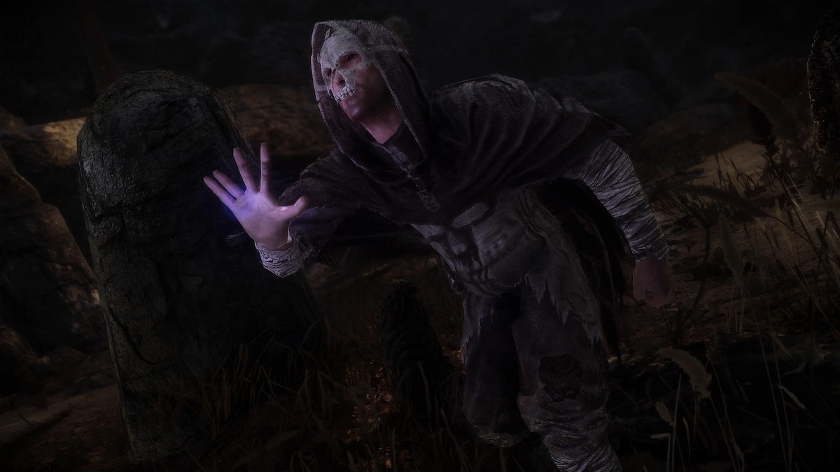 Necromancer casting a spell wearing hooded robe and a skull mask