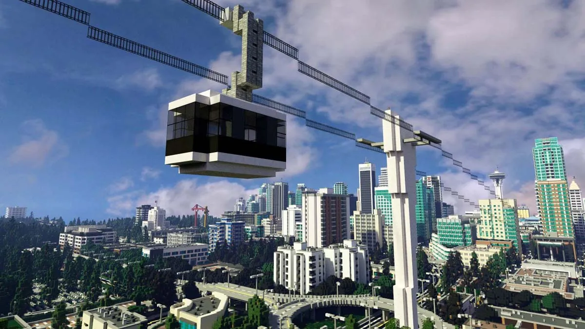 City elevator runs across the cityscape in Minecraft