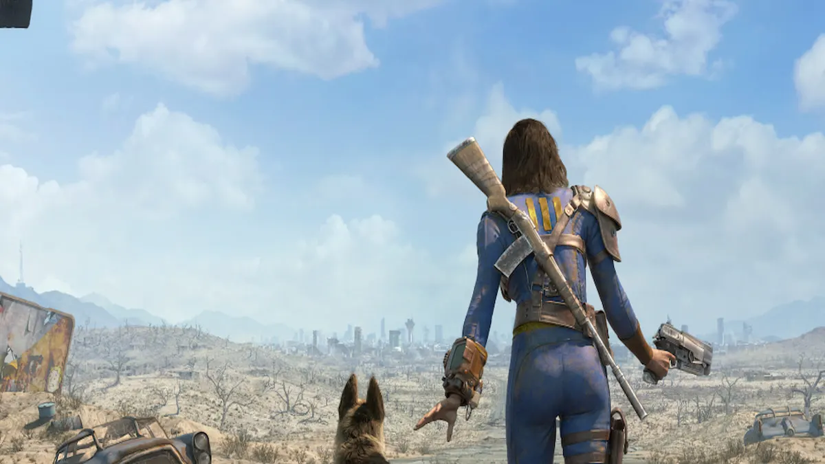 Vault dweller standing next to dogmeat in Fallout 4