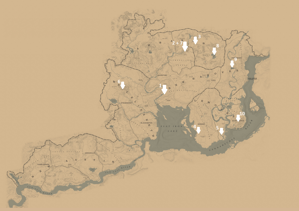 RDR2 map with gold locations marked with white arrows.