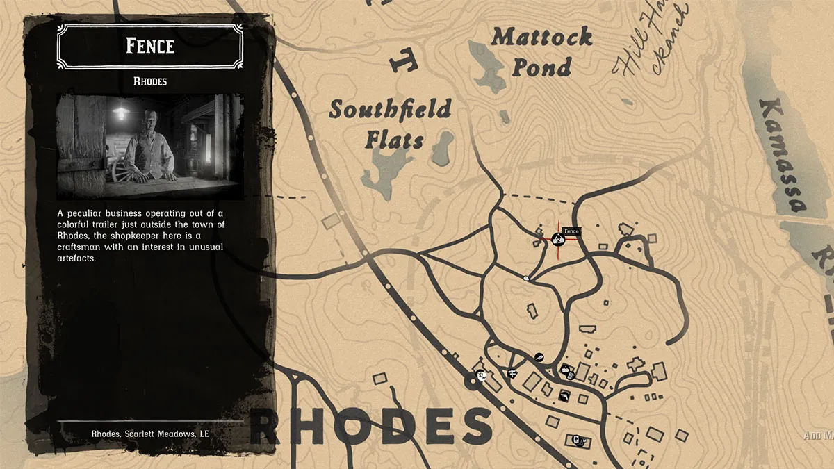 The location of the Rhodes fence merchant in Red Dead Redemption 2