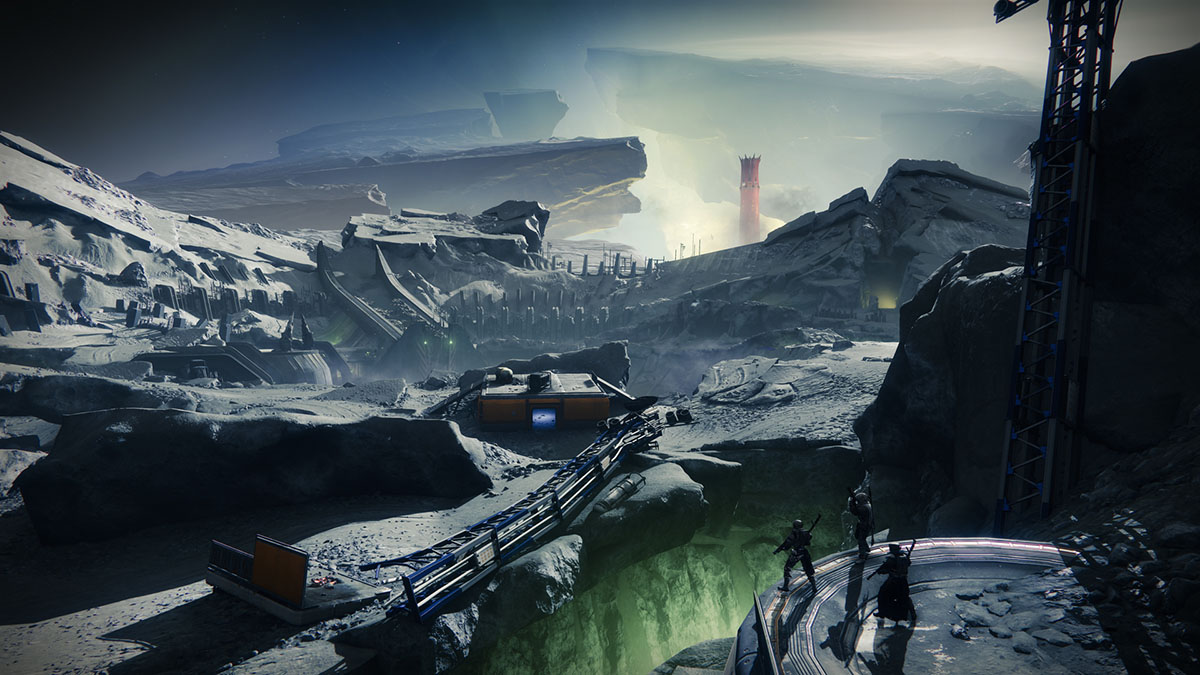 Guardians look out over the Hellmouth on the Moon in Destiny 2