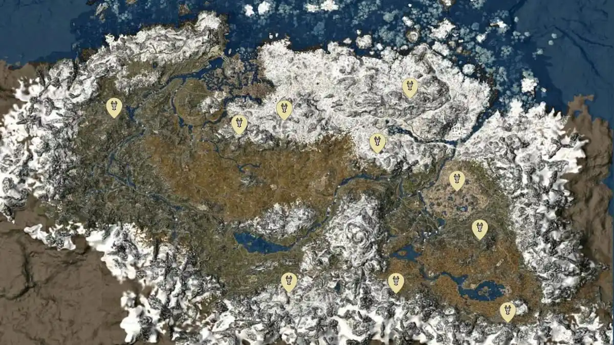 Map of Skyrim with icons for all dragon lair locations