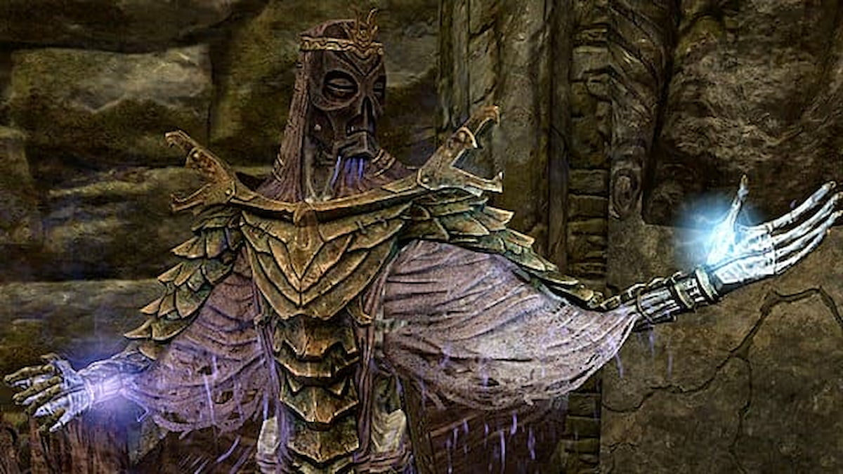 Dragon Priest wearing Hevnoraak mask wielding spells in each hand