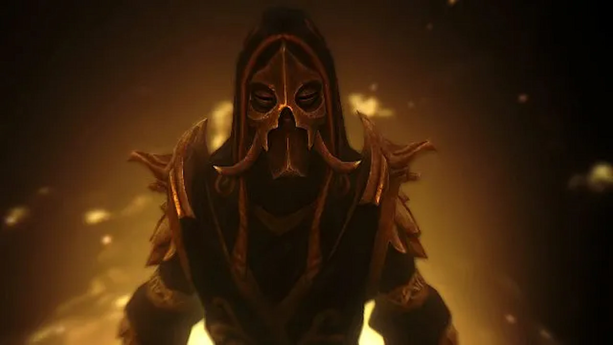 Player wearing knahrik dragon priest mask with fire behind them 