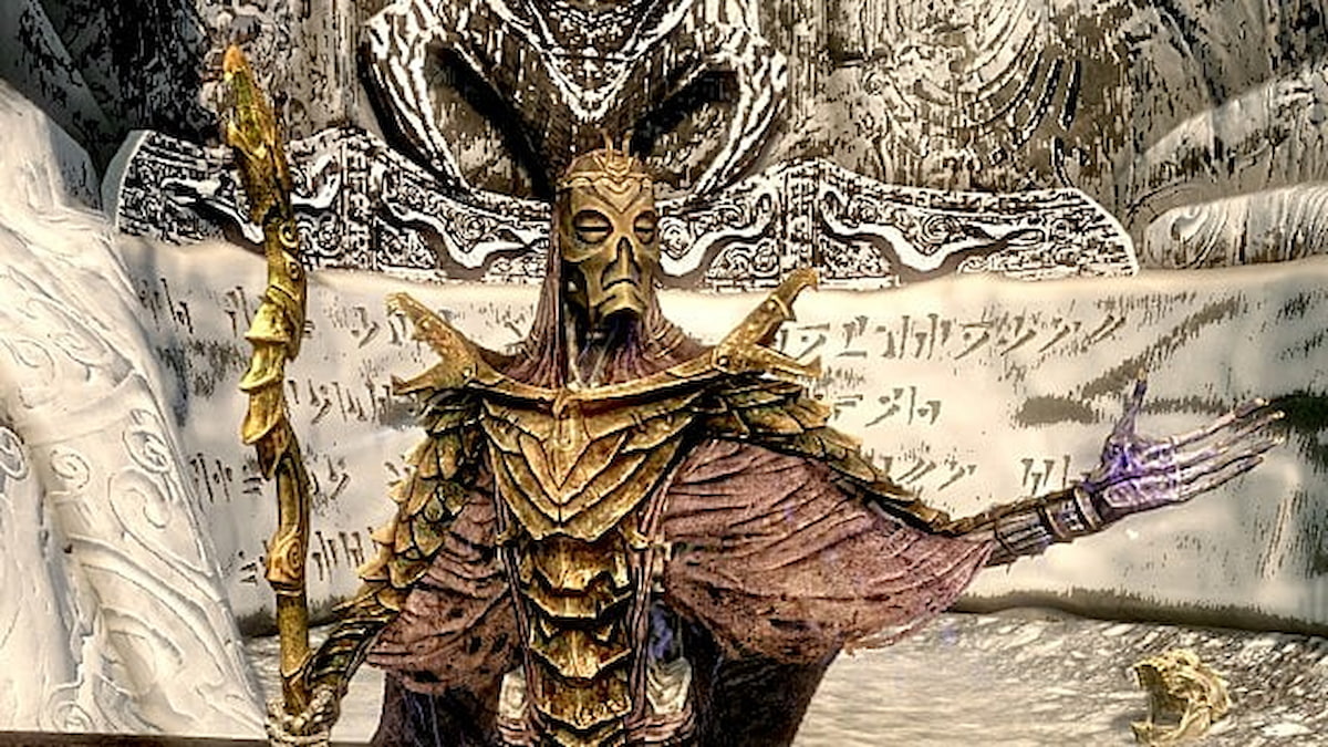 Drachenpriester mit Krosis-Drachenmaske und Stab in einer Hand