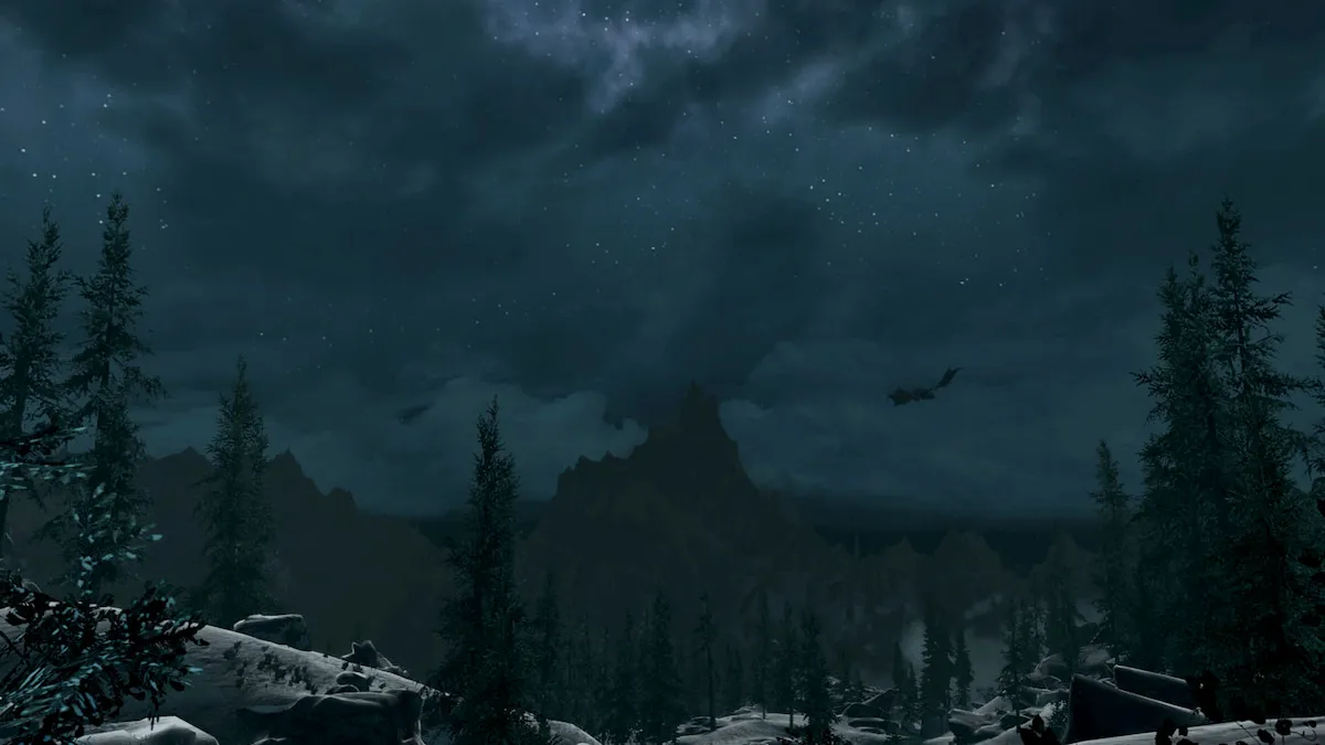 Alduin dragon flying in the night sky at helgen overlook