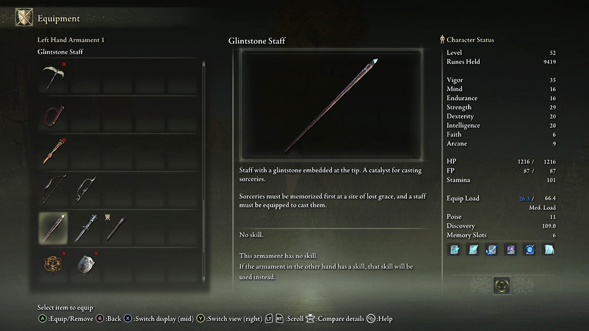 A Glintstone Staff sorcery casting tool in Elden Ring