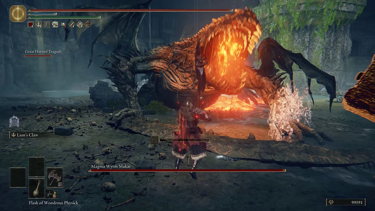The first phase of a Magma Wyrm fight in Elden Ring