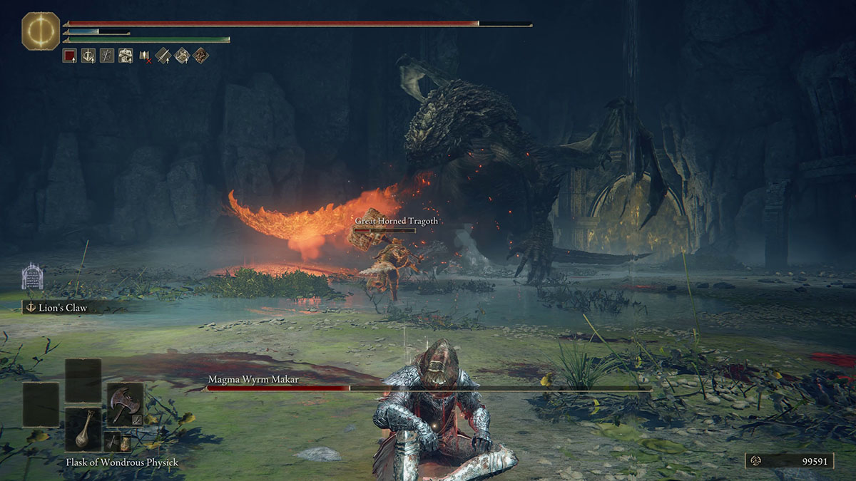 The second phase of a Magma Wyrm boss fight in Elden Ring