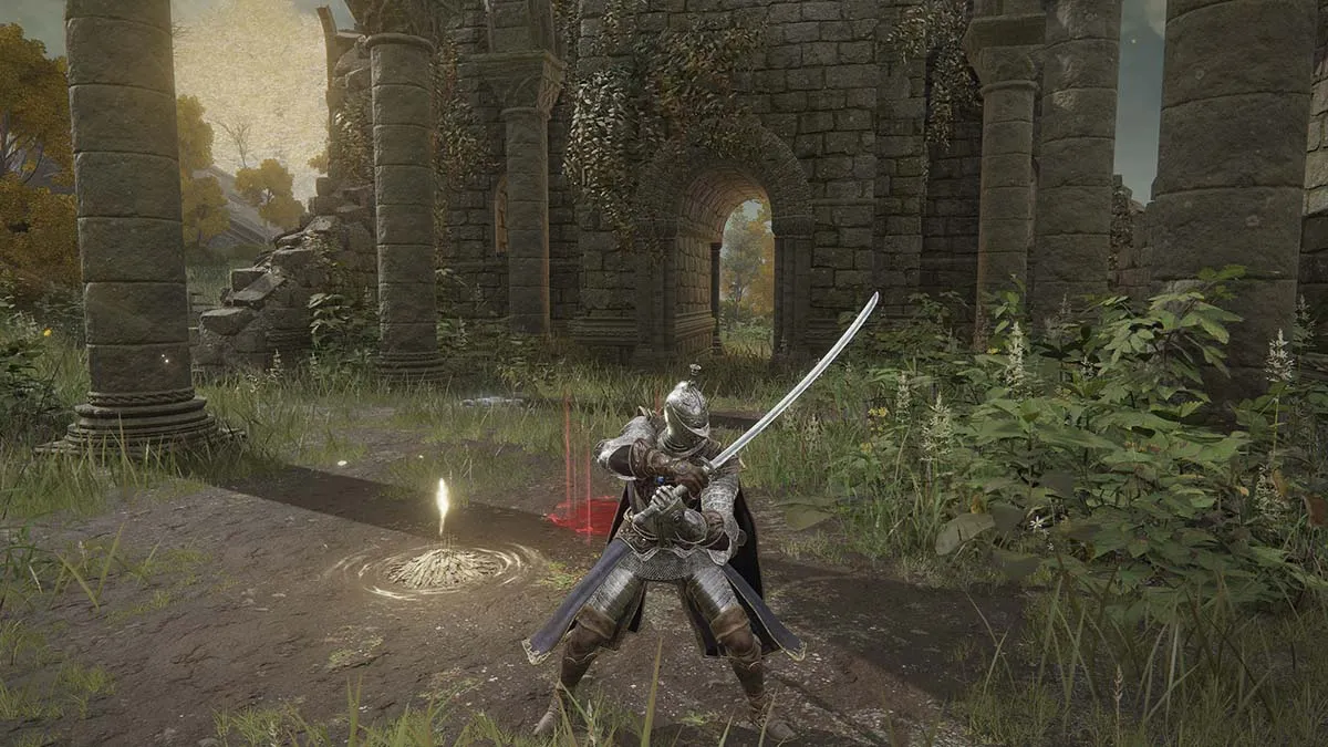 A knight holding the Moonveil katana in Elden Ring