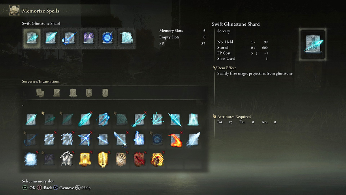 The spell selection screen in Elden Ring