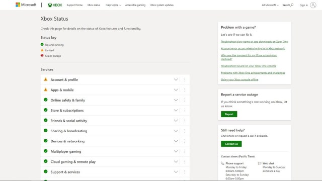 Xbox Live server status web page. 