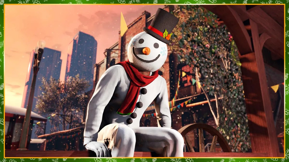 A snowman with a black top hat and red scarf sits by a Christmas tree.
