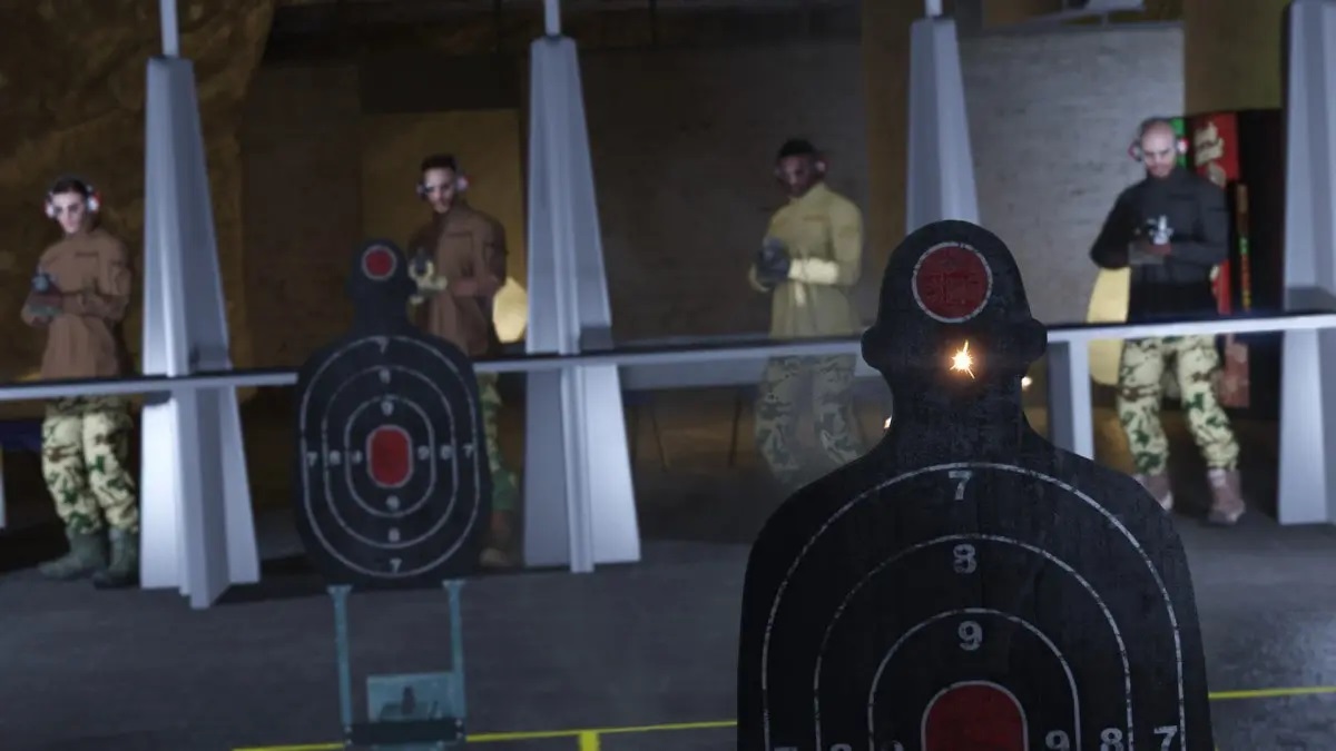 GTA characters at a gun range shooting at human-shaped targets.