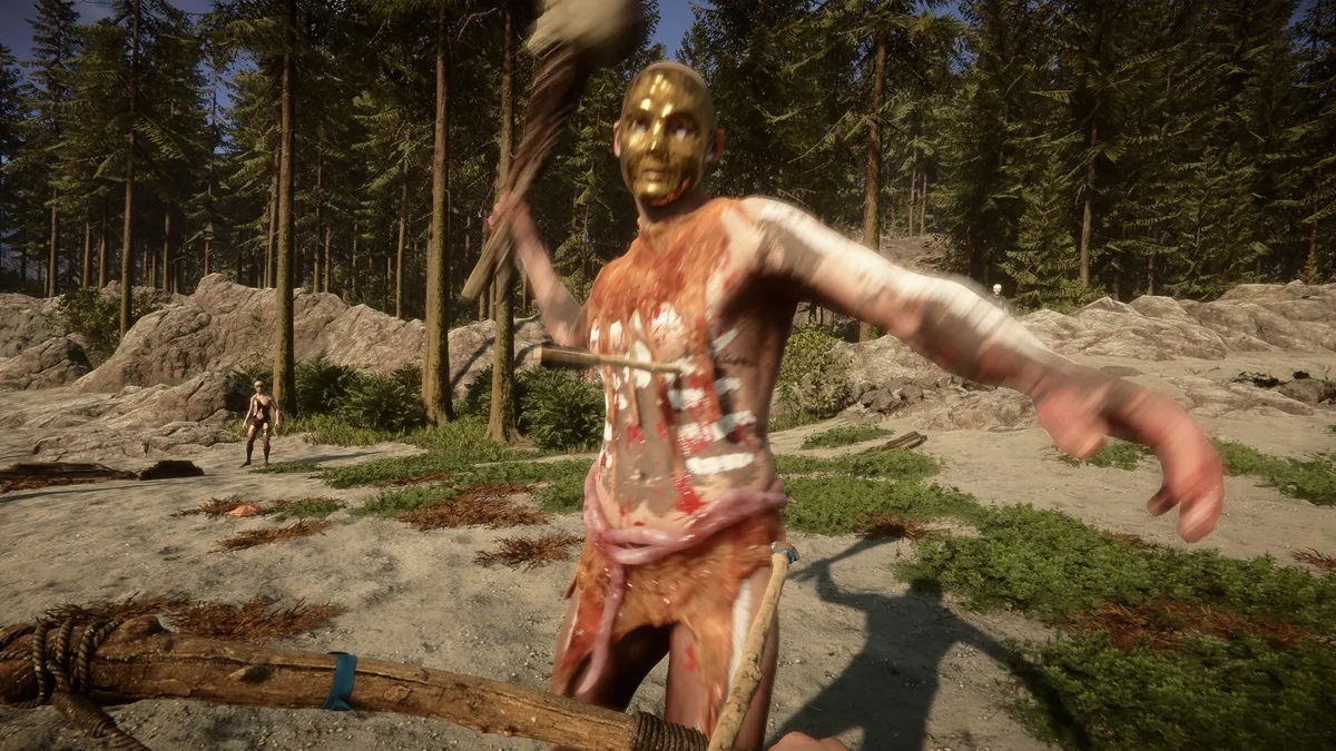 Cannibal with reed paint stripes wielding a club at the player in a forest.