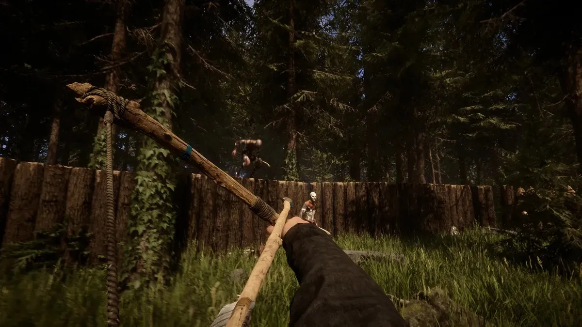 Player drawing back a bow and arrow, aiming over a wooden wall into the forest.