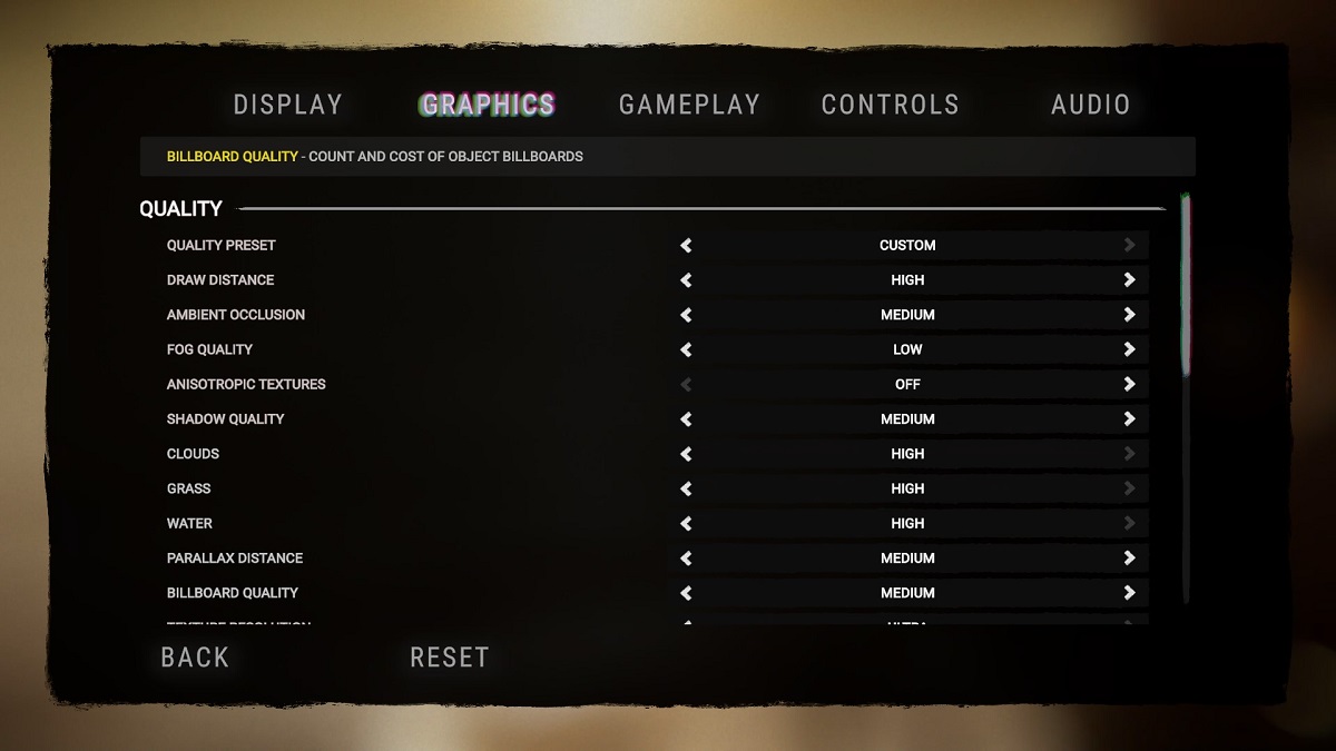 Graphics option menu