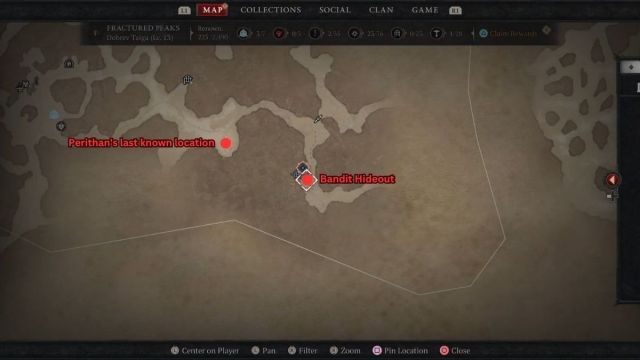 Diablo 4 Bound by Blood Perithan's last known location and Bandit Hideout map guide.