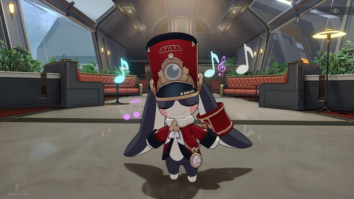 Pom-Pom, the conductor of the Astral Express in Honkai Star Rail, humming a song while waiting for the Trailblazer
