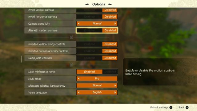 Zelda Tears of the Kingdom disables the motion control settings options menu