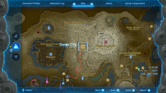 Zelda Tears of the Kingdom Goron City map location road from Woodland Stable