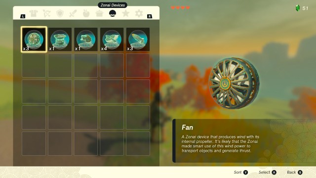 Zelda Tears of the Kingdom Zonai Device inventory menu