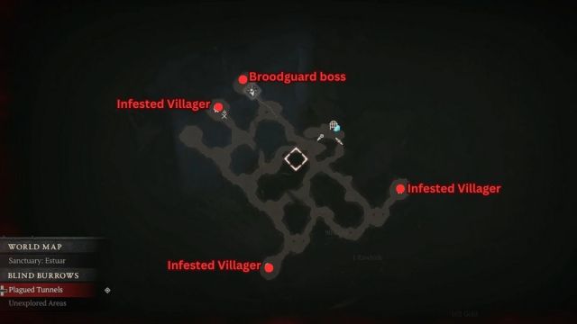 Diablo 4 Blind Burrows Infested Villagers and Broodguard boss map locations