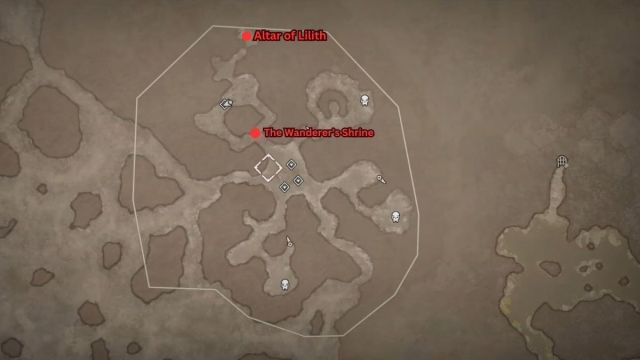 Diablo 4 Eriman's Pyre Altar of Lilith and Wanderer's Shrine map location