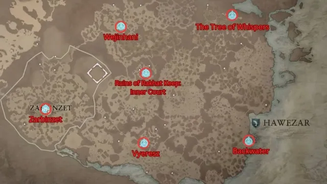 Diablo 4 Hawezar zone waypoints map