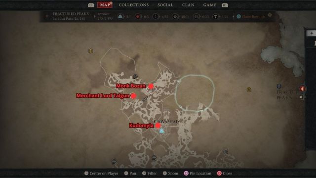 Diablo 4 Menestad Coffers side quest map revealing Monk Bozan, Merchant Lord Talgun, and Kudomyla location.