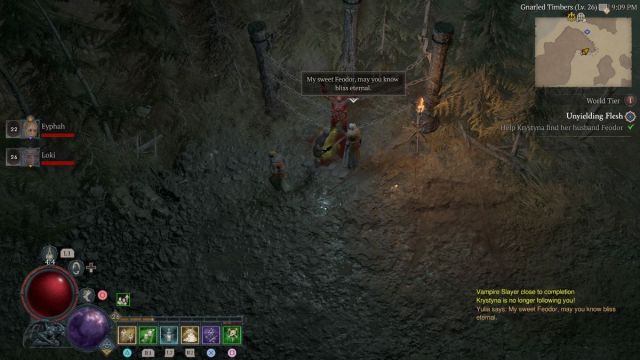 Diablo 4 Unyielding Flesh quest Feodor chained up location in Gnarled Timbers